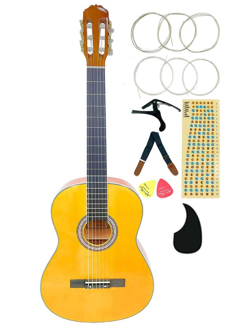 Mike Music 39 inch Classical Guitar 4/4 Spanish Style Full Size Nylon-String Guitar Kit with Extra Classical Strings, Capo, Guitar Pick Guard, Guitar Fretboard Stickers, Guitar Belt, 2 Picks-Glossy Yellow - Image 1